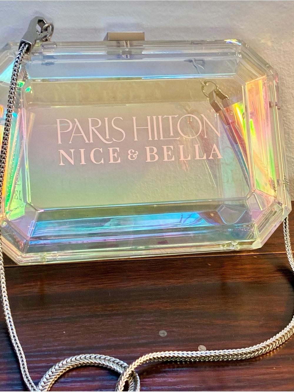 Paris Hilton Iridescent Acrylic Bag in Holographic Clear with pink clutch & Box